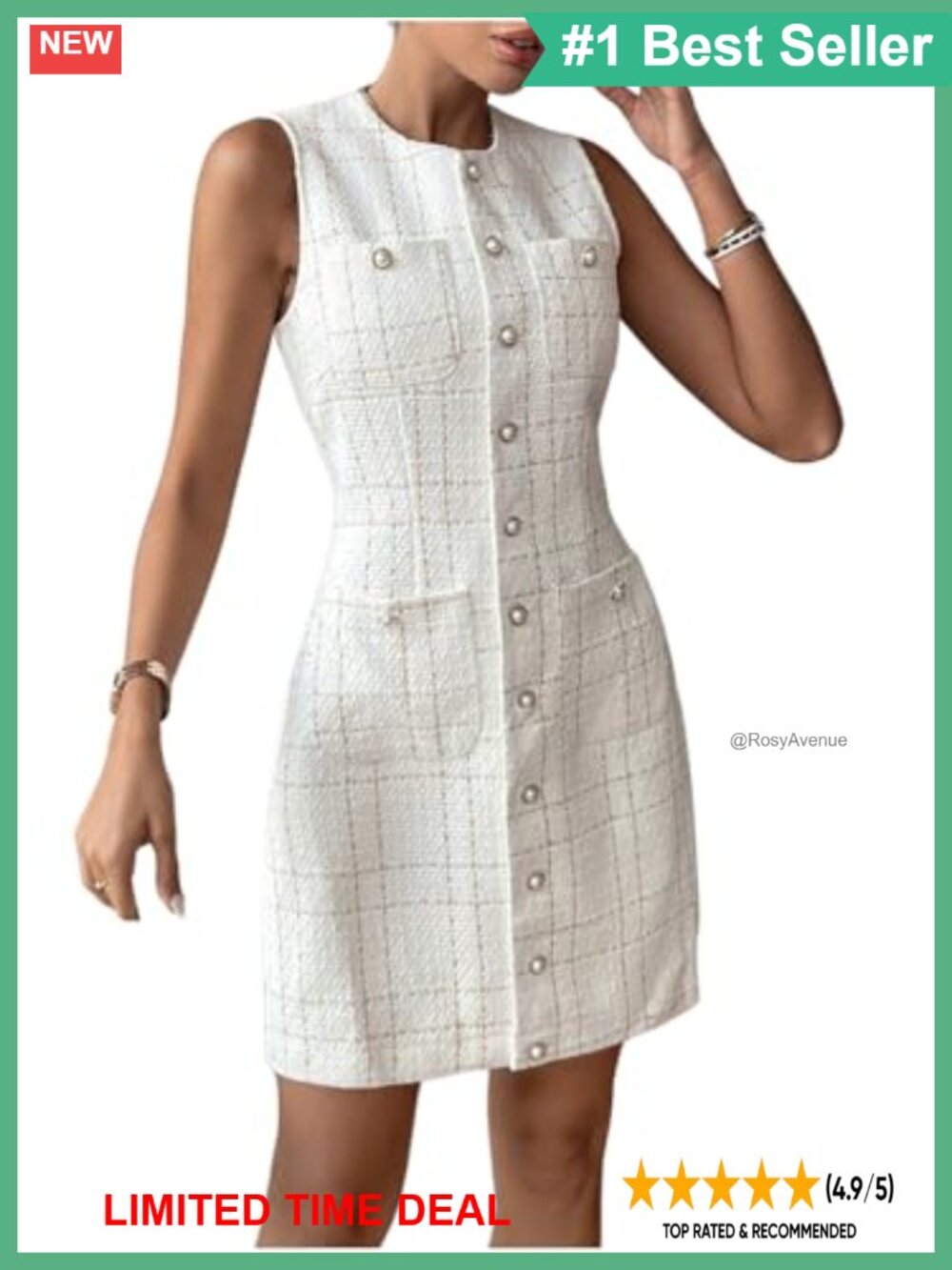 Plaid Tweed Mini Dress Sleeveless Button Front Business Casual Workwear